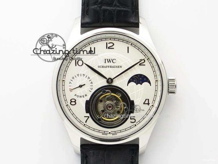 MIROTIME 0213 Chic Portuguese Tourbillon Power Reserve Moonphase SS White Dial Gold Numbers On Black Leather Strap 7319